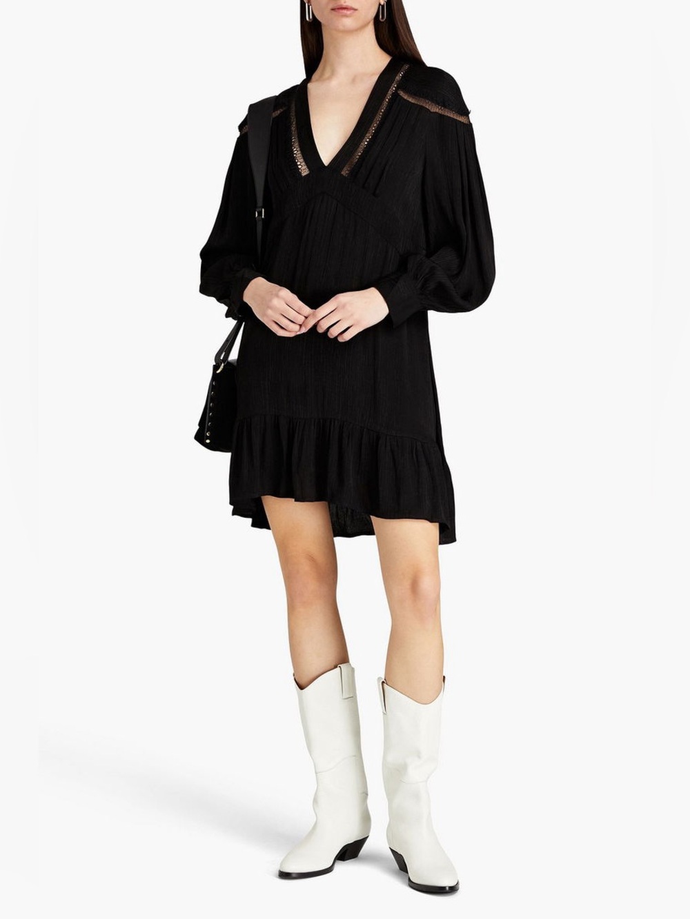 NWT - IRO Paris Bilam Lace-Trimmed Plissé Crepe De Chine Mini Dress Black - 34